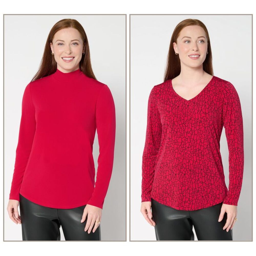 Susan Graver Women's Top Plus Sz 1X Print Solid Liquid Knit Tops Red A703223